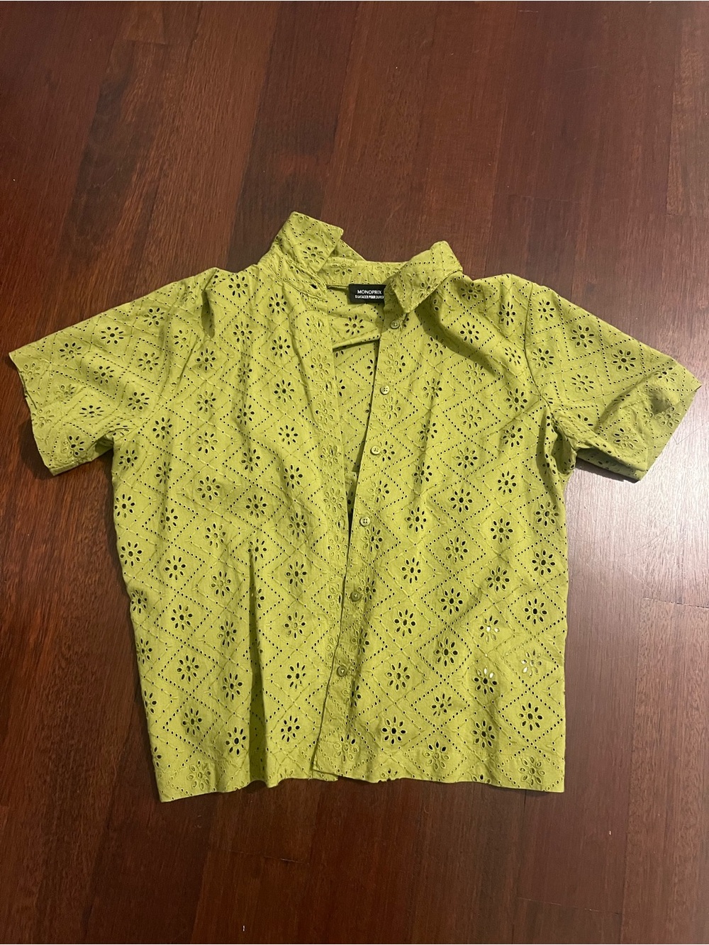 Chartreuse Short Sleeve Eyelet Button-Down Top